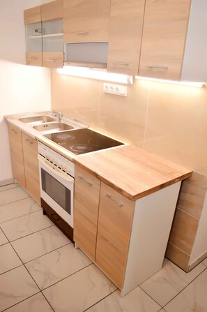 Apartamento grand | Cozinha privada | Geladeira grande, micro-ondas, fogão, cooktop