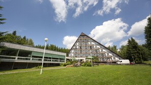 Un edificio ampio con un tetto triangolare, circondato da un'area verde e alberi.