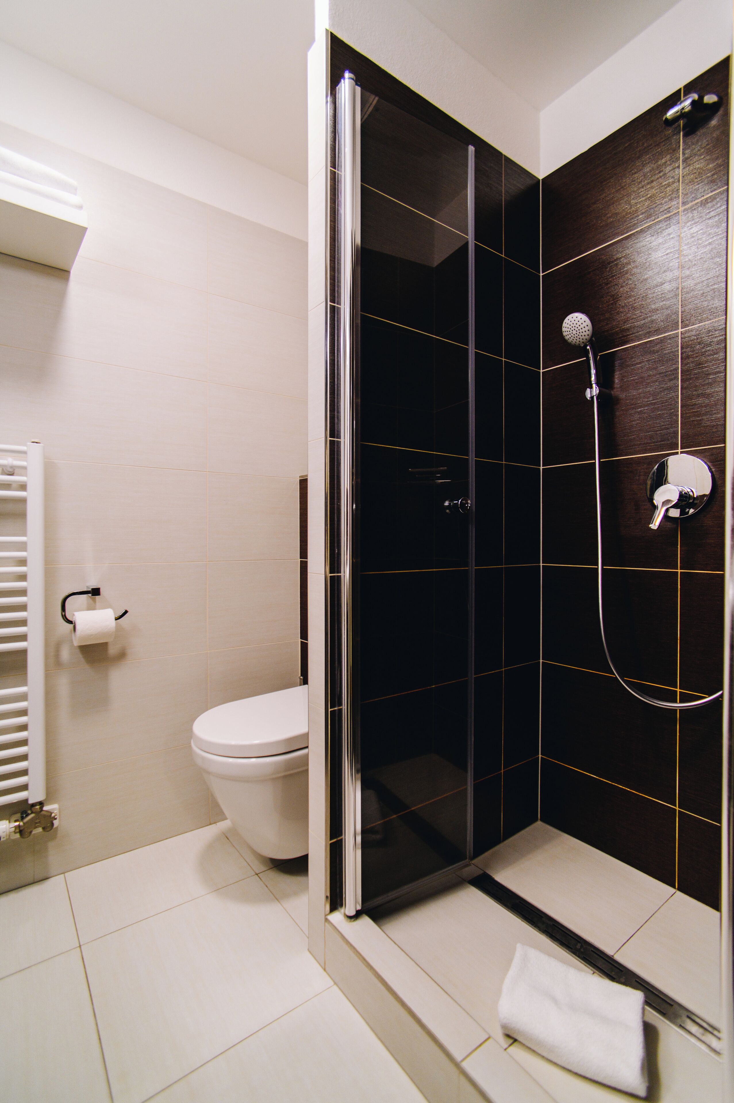 Un baño moderno con ducha envuelta en vidrio, un inodoro y un perchero para toallas.