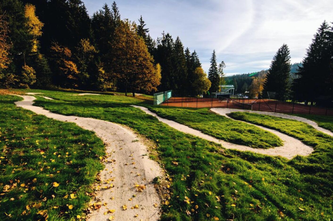 A park with winding paths, grassy areas, and trees.