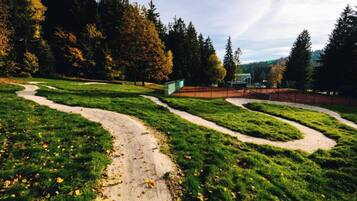 A park with winding paths, grassy areas, and trees.