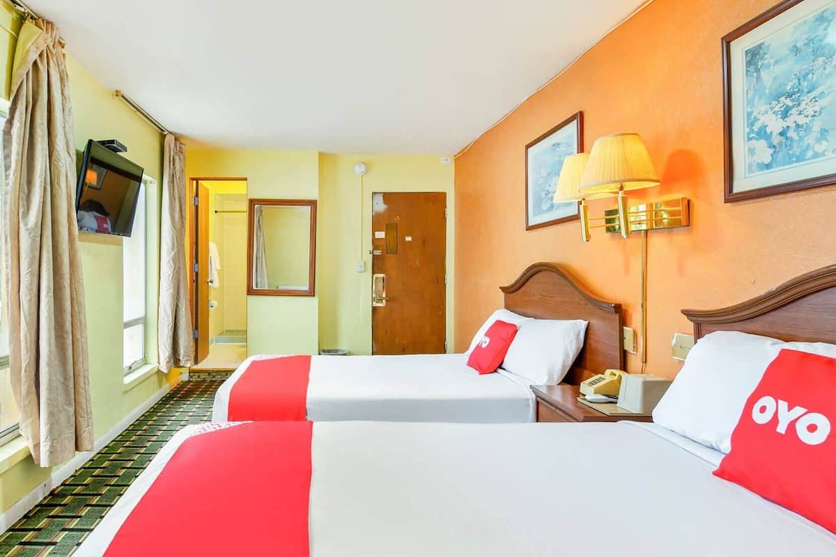 Habitación de hotel con dos camas, un televisor, una lámpara y un cuadro en la pared.