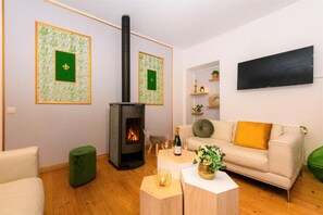 TV, fireplace, video library