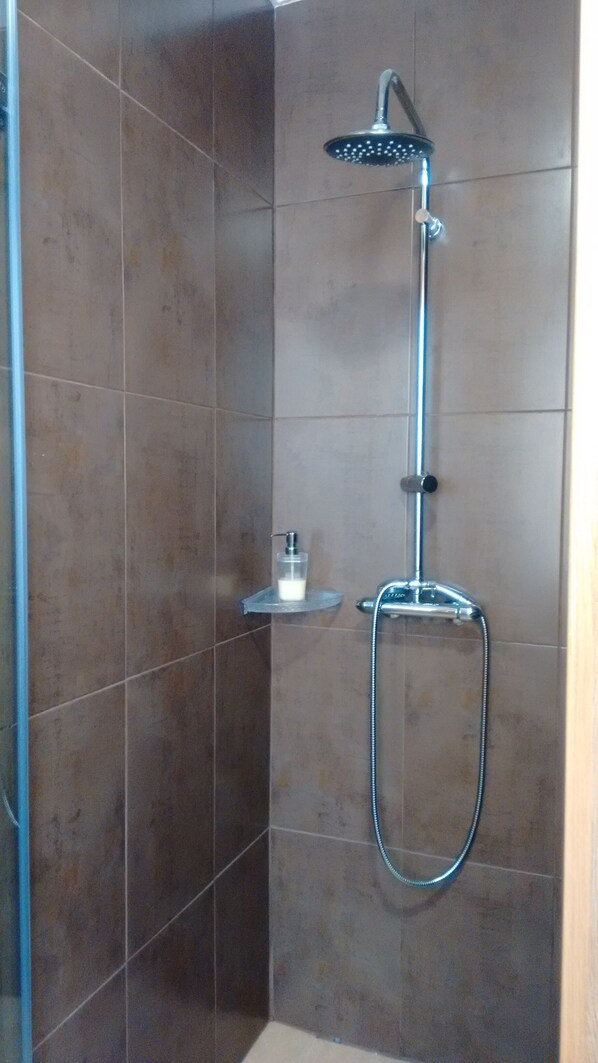 A shower with a handheld showerhead and a handheld hose. - Oeiras Apartment (Oeiras)