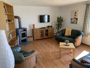 Fernseher, Kamin, Bücher, Musikbibliothek