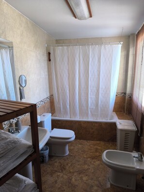 Hair dryer, towels, soap, toilet paper