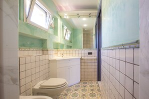 Une petite salle de bain avec des toilettes, un lavabo et une douche.