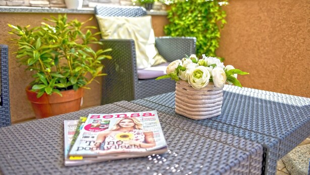 A magazine on a table, a potted plant, and a cushion in an outdoor setting. - Apartment 1345/12663 (Istria - Pula), 2000m from the beach (Pula)