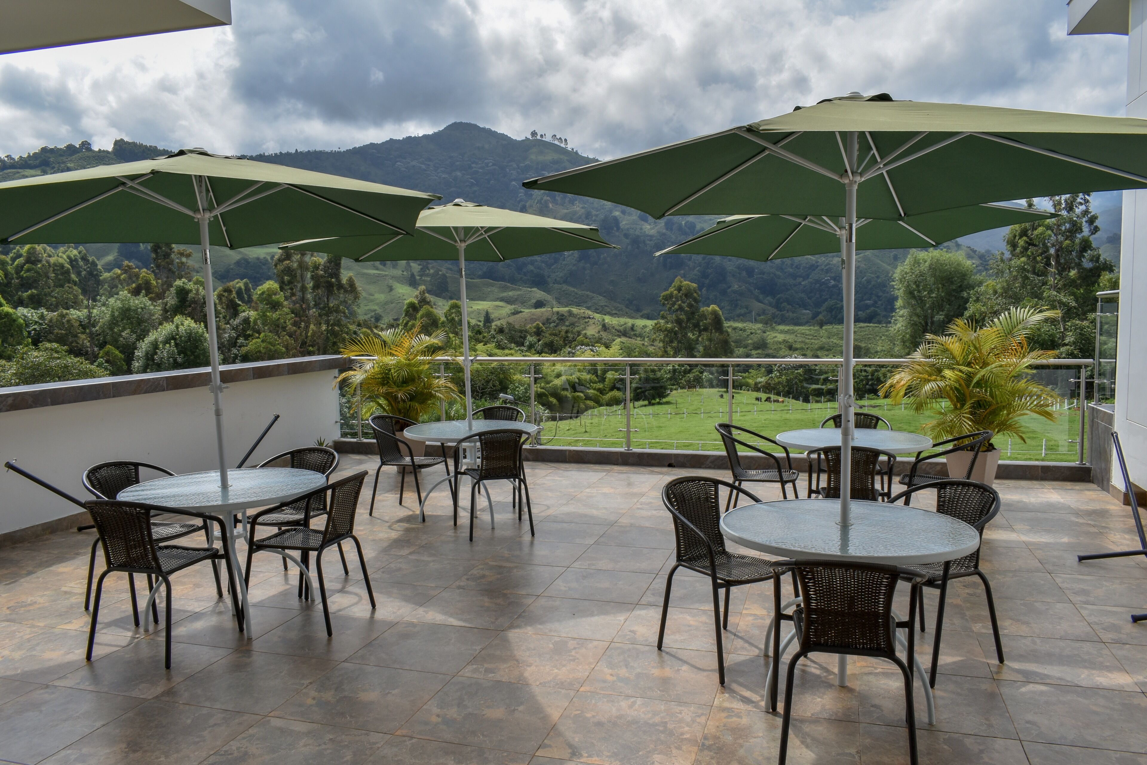 Une terrasse avec des tables et des chaises, des parasols verts et une vue sur un paysage verdoyant et vallonné.