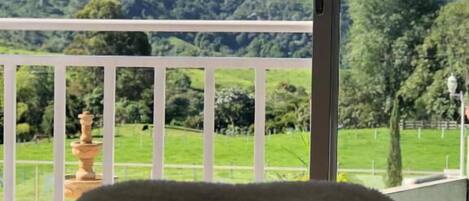 A room with a view of green hills and a white railing.