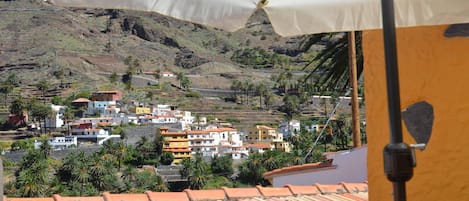 A coastal town with terraced houses, palm trees, and a mountainous backdrop.