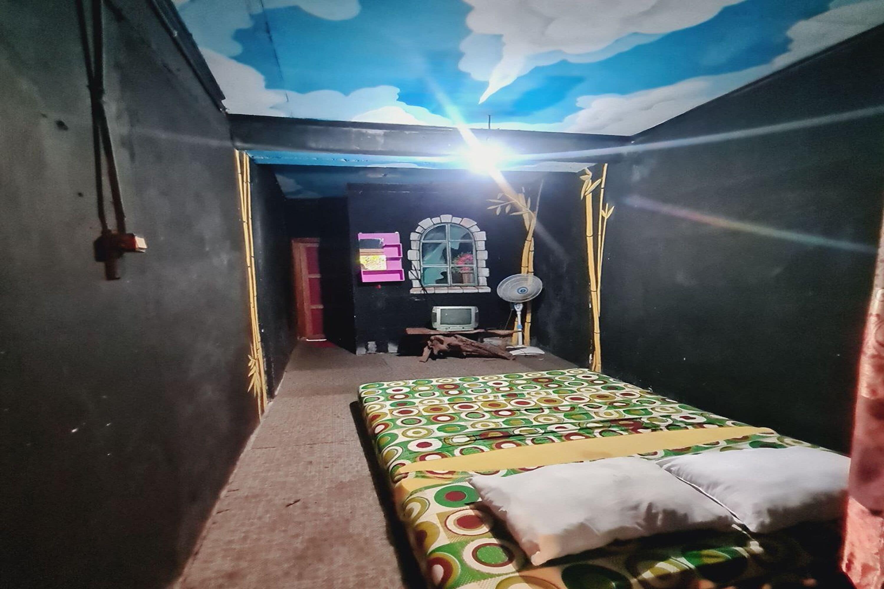 A room with a bed, a window, a television, and a ceiling with a cloud design.