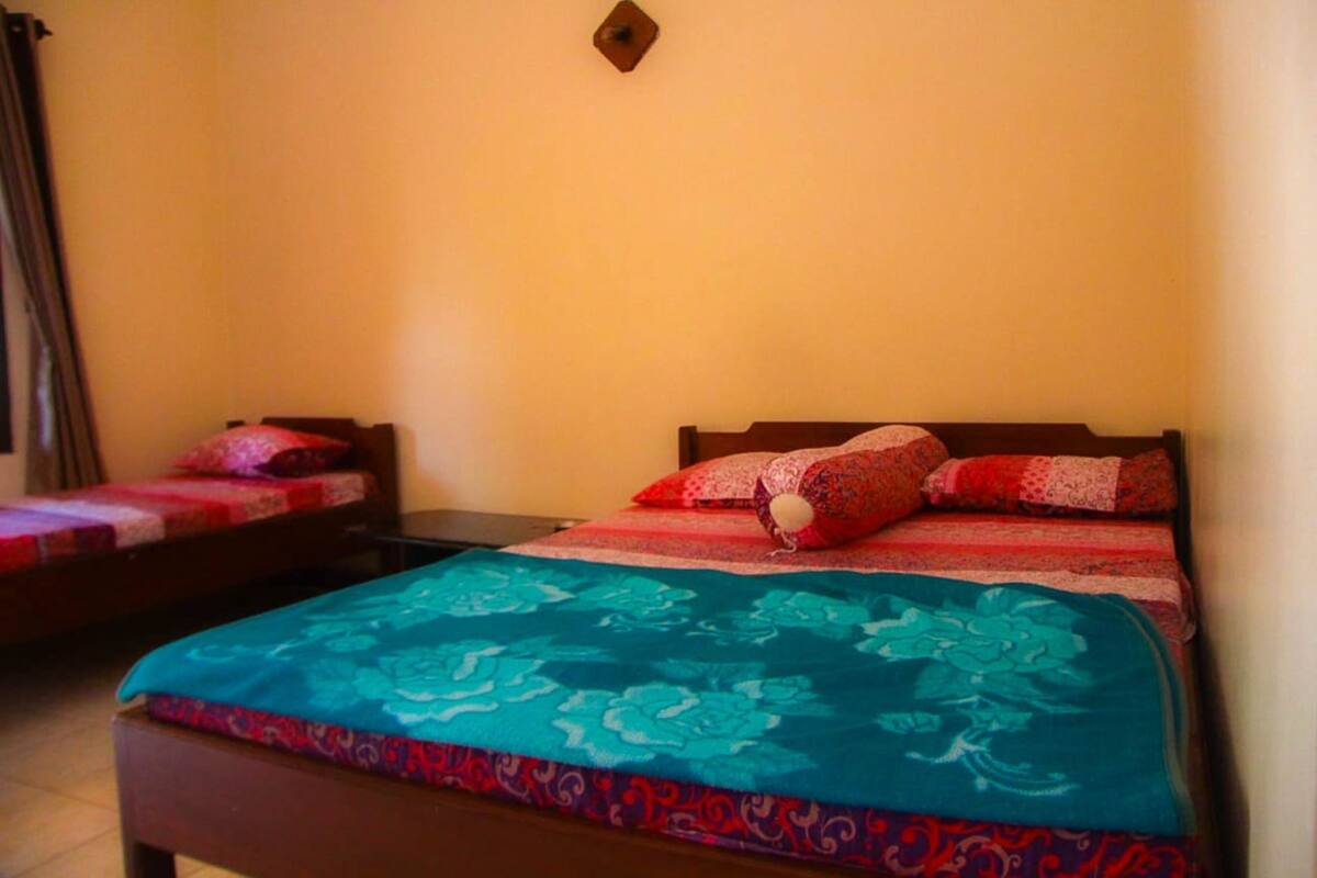 A room with two single beds, each with a patterned bedspread and pillows.