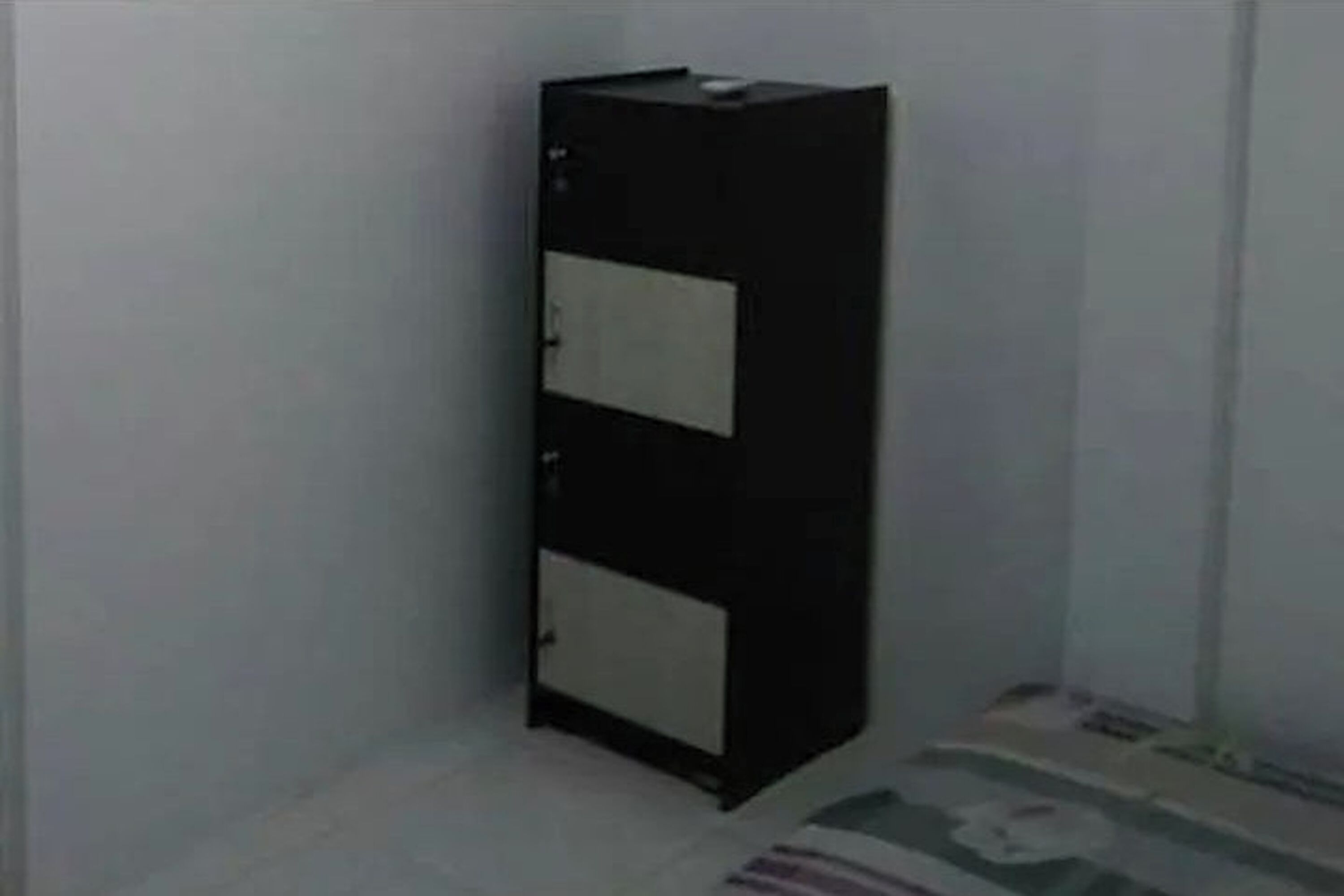 Una habitación de esquina con un armario negro, una cama pequeña con colcha estampada y una pared blanca lisa.