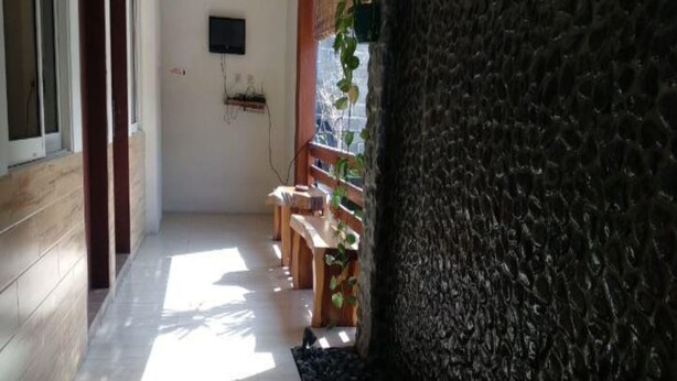 Un couloir doté d’un plancher en bois, d’un banc, d’un téléviseur fixé au mur et d’un grand tronc d’arbre.