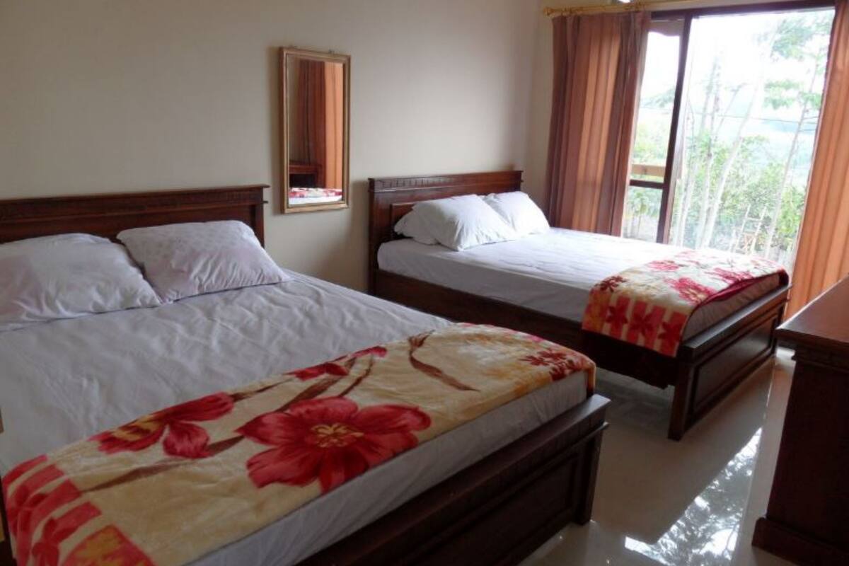Habitación de hotel con dos camas, cabecera de madera, un espejo y vistas a zonas verdes por la ventana.