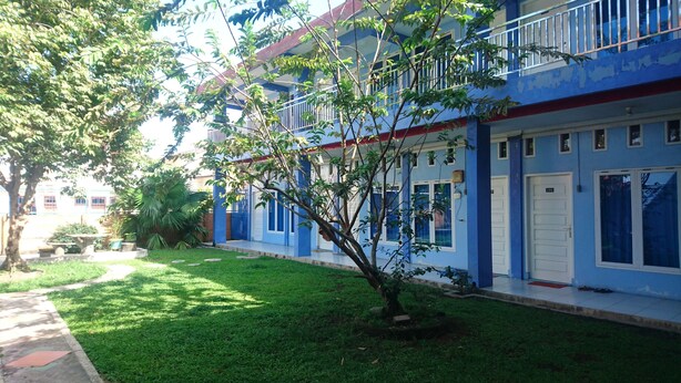 Un edificio con fachada azul, varias ventanas y un pequeño árbol en primer plano.