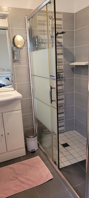 Shower, hair dryer, towels