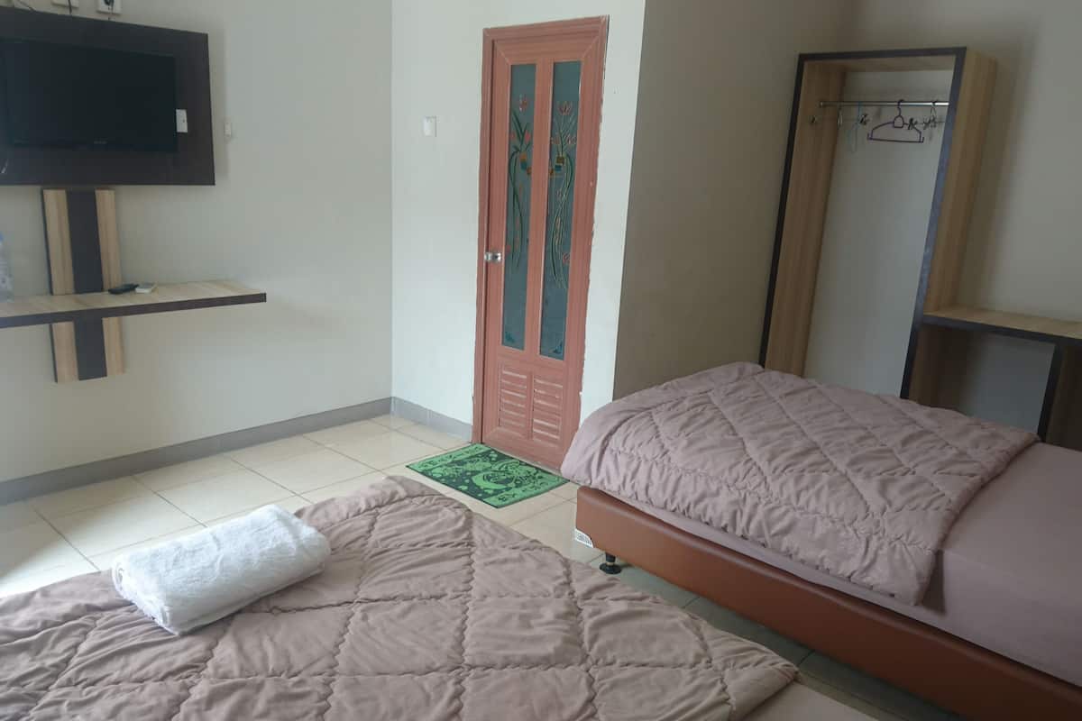 A bedroom with two beds, a TV mounted on the wall, a wardrobe, and a door with decorative glass panels.