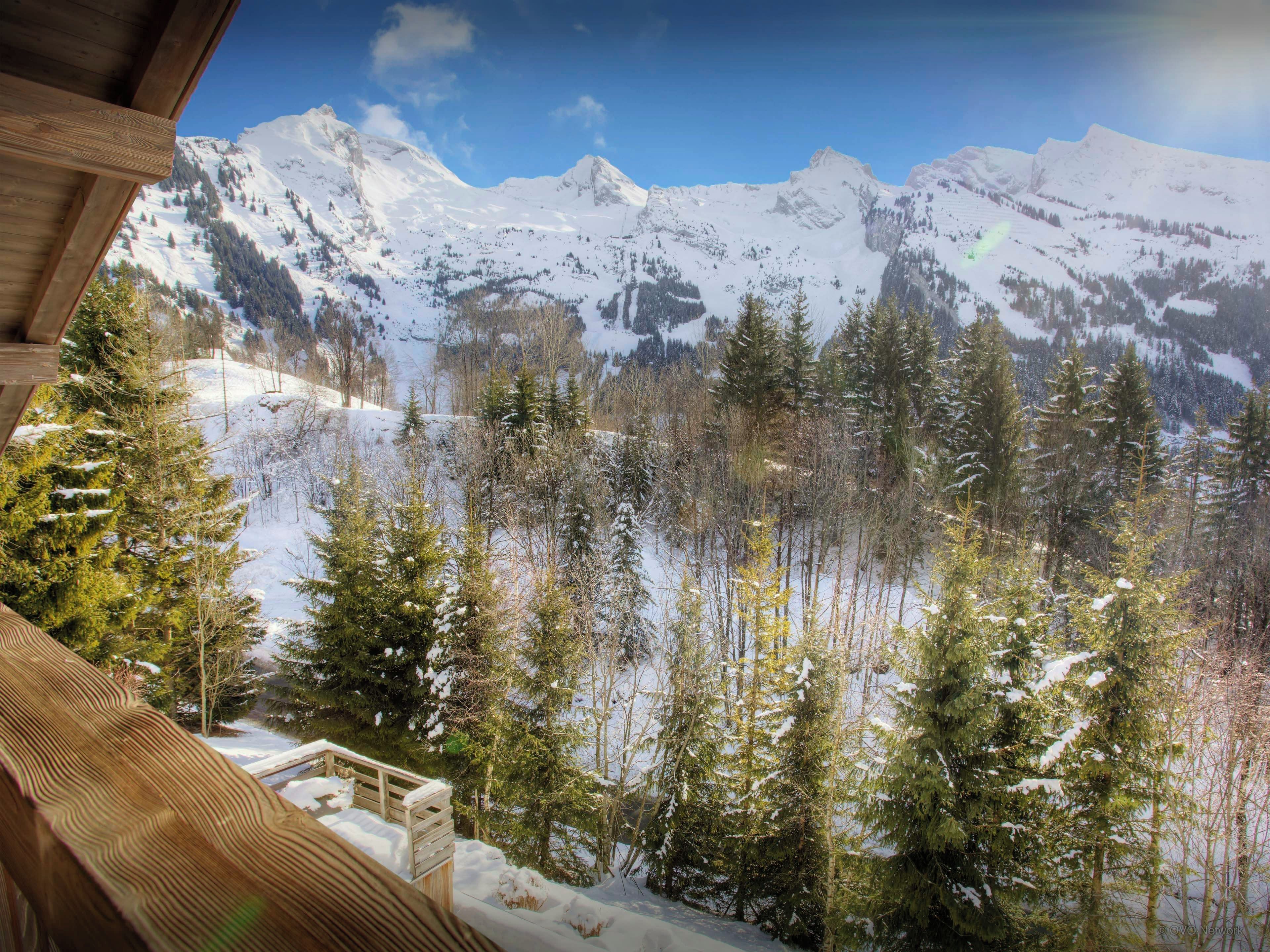 Vista de la montaña desde una cabaña de madera con terraza, con vistas a un área boscosa y picos nevados.