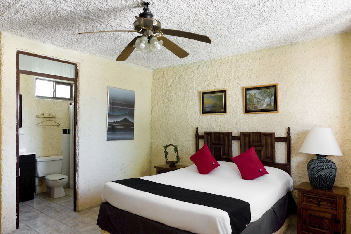 A bedroom with a bed, a ceiling fan, a nightstand with a lamp, and a bathroom visible through an open door.