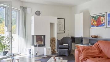 Fernseher, Kamin, Bücher, Stereoanlage