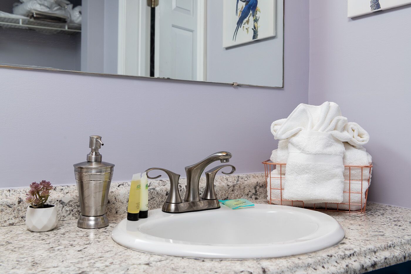 Un bagno con un lavandino bianco, due rubinetti, un dispenser di sapone e un portasciugamani con asciugamani piegati.