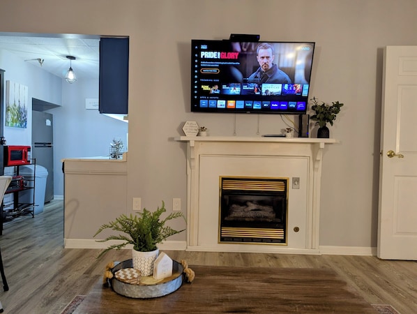 A living room with a fireplace, a television mounted above it, and a decorative plant on the floor.
