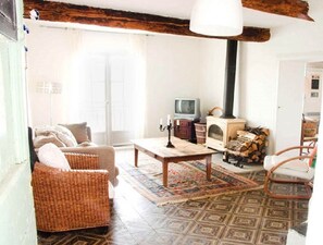 TV, fireplace, DVD player, books