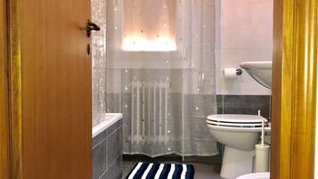 Dusche, Haartrockner, HandtĂŒcher, Toilettenpapier