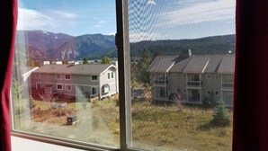 A view through a window with a mesh screen, displaying a residential area with houses and mountains in the background. - Big Sky Haven, Quiet and Centrally Located for Skiing, Fishing, Golfing 
 (Big Sky)