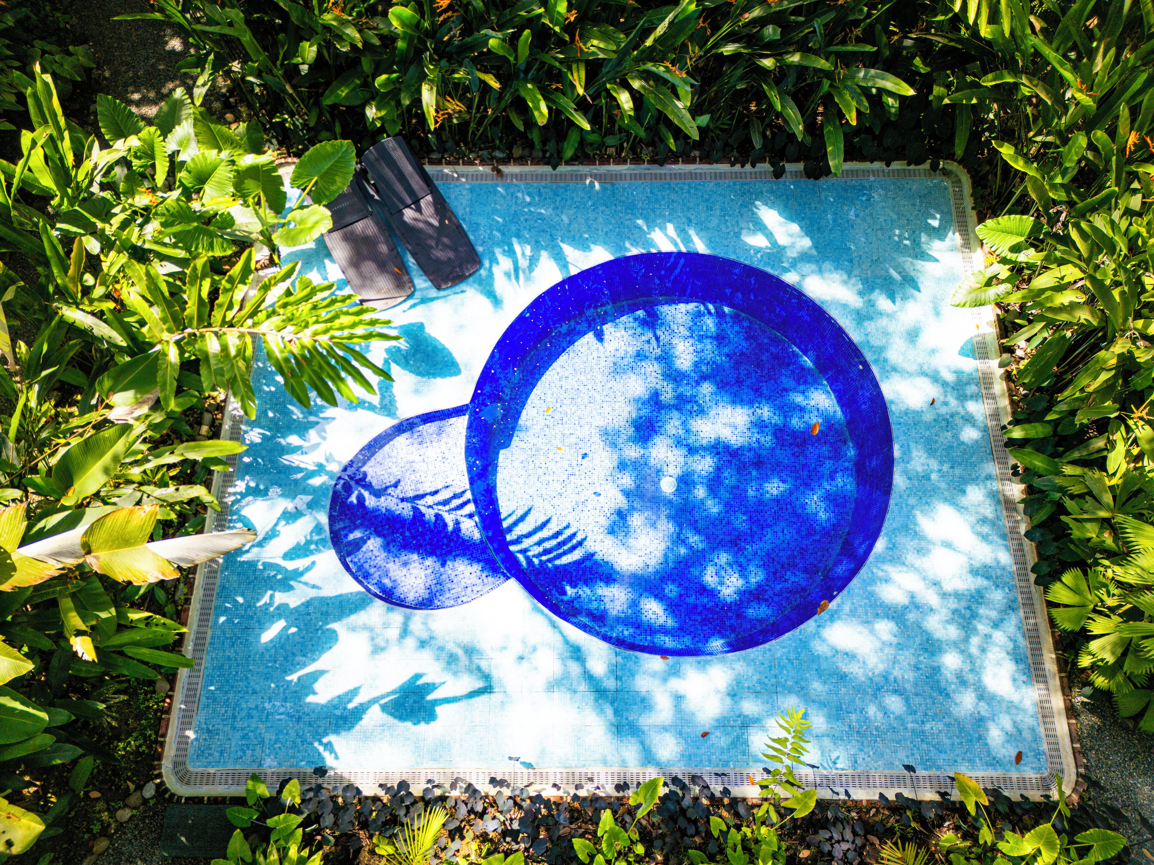 Una piscina con un diseño de mosaicos azules, rodeada de abundante vegetación.