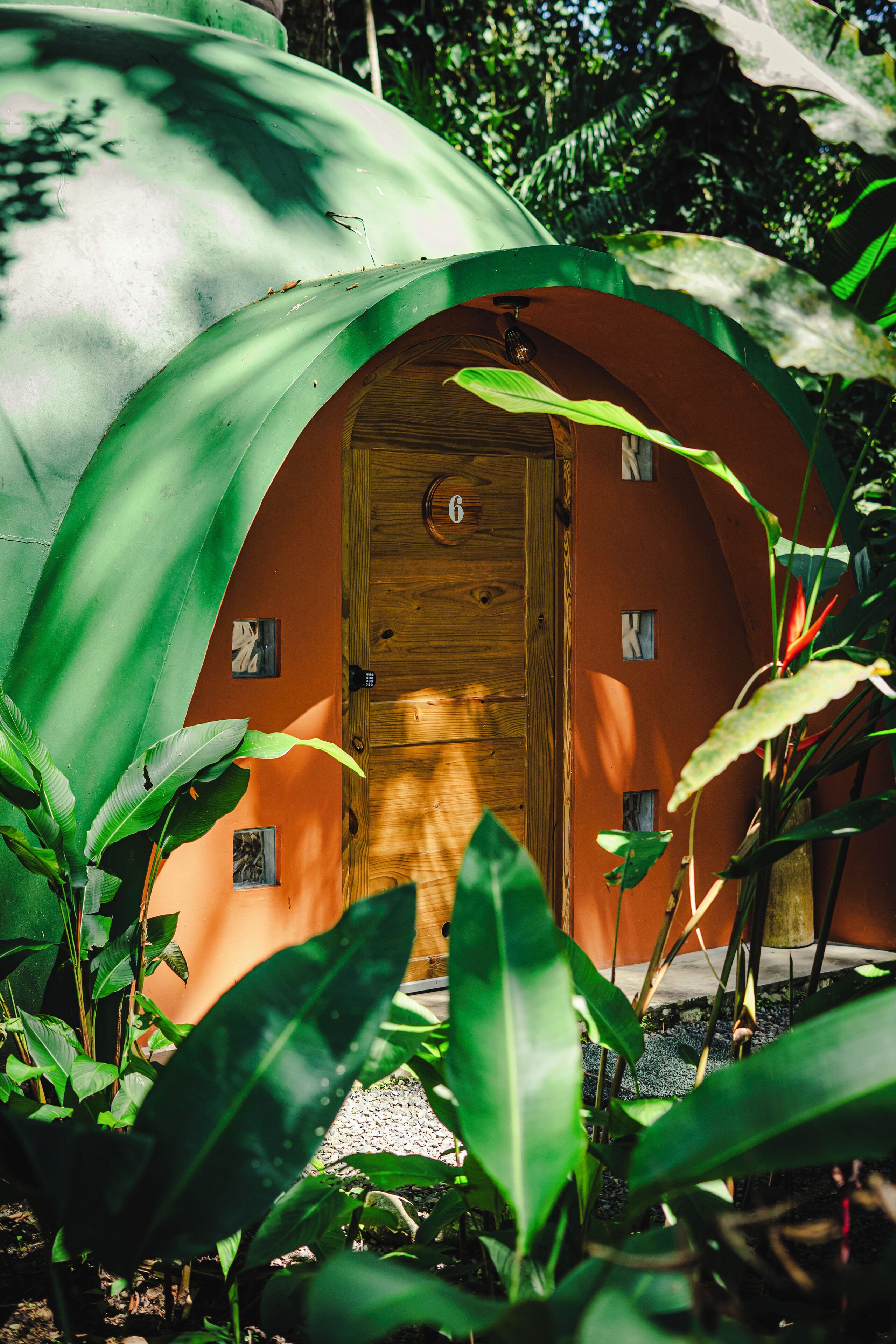 A small, single-room structure with a wooden door, surrounded by lush greenery.