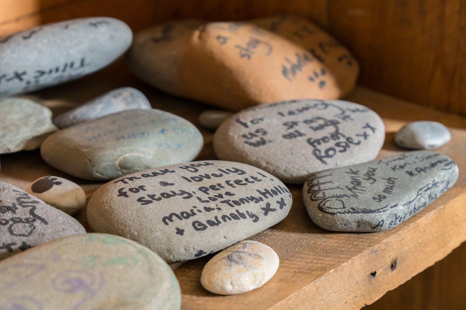 A wooden shelf with various smooth stones, some engraved with handwritten messages.