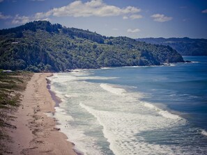 Une plage avec un rivage sablonneux, des vagues et une colline boisée en arrière-plan.