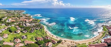 An aerial view of a coastal area with houses, a beach, and the ocean.