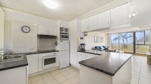 A modern kitchen with white cabinets, a black countertop, and a large window offering a view of palm trees.