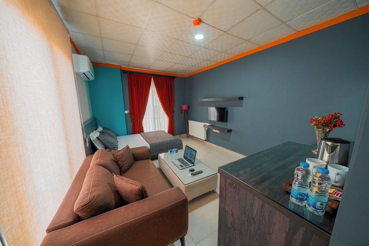 A modern hotel room with a sofa, a bed, a desk, and a kitchenette.