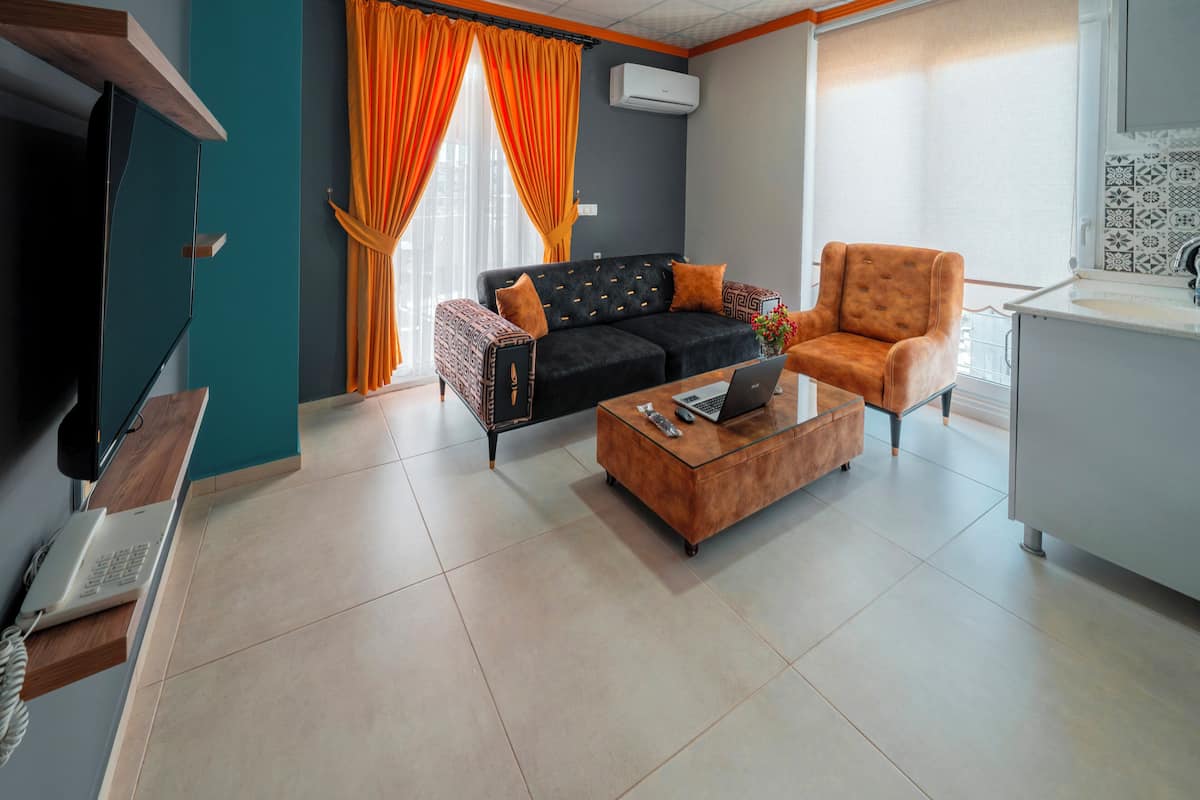 A modern living room with a sofa, armchair, coffee table, and a TV.