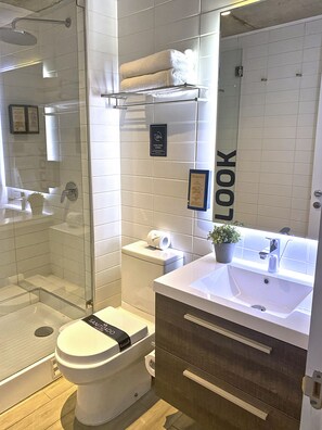 Rainfall showerhead, hair dryer, towels, soap