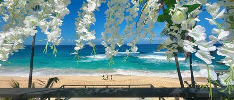 On the beach, sun-loungers, beach towels