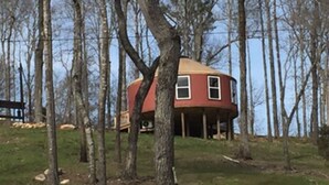 A house with a unique circular design, surrounded by trees.