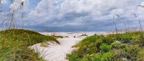 On the beach, sun-loungers