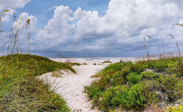 On the beach, sun loungers - Beachfront condo with direct pool & ocean view on St Augustine Beach (St Augustine Beach)