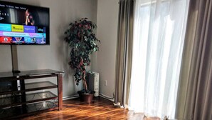 Uma sala de estar com uma TV de tela plana, um rack de madeira para aparelhos eletrônicos, uma planta em vaso e uma mesa de centro de vidro com controles remotos.