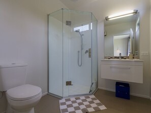 Et moderne badeværelse med et glasafskærmet brusebad, et hvidt toilet og en vask med spejl.