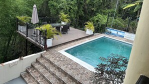 A swimming pool with a wooden deck, surrounded by lush greenery. - Luxury ocean view villa  (Westmoreland)