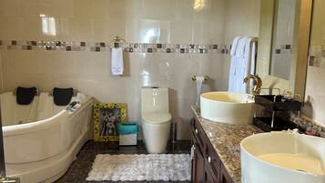 Ein Badezimmer mit Badewanne, Toilette, Waschbecken und Waschtisch.