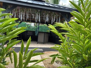 A covered outdoor area with hanging white flowers, a black fence, and green plants. - Luxury, Privacy & Breathtaking Ocean Views Await.” (Westmoreland)