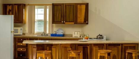 Fridge, microwave, stovetop, cookware/dishes/utensils